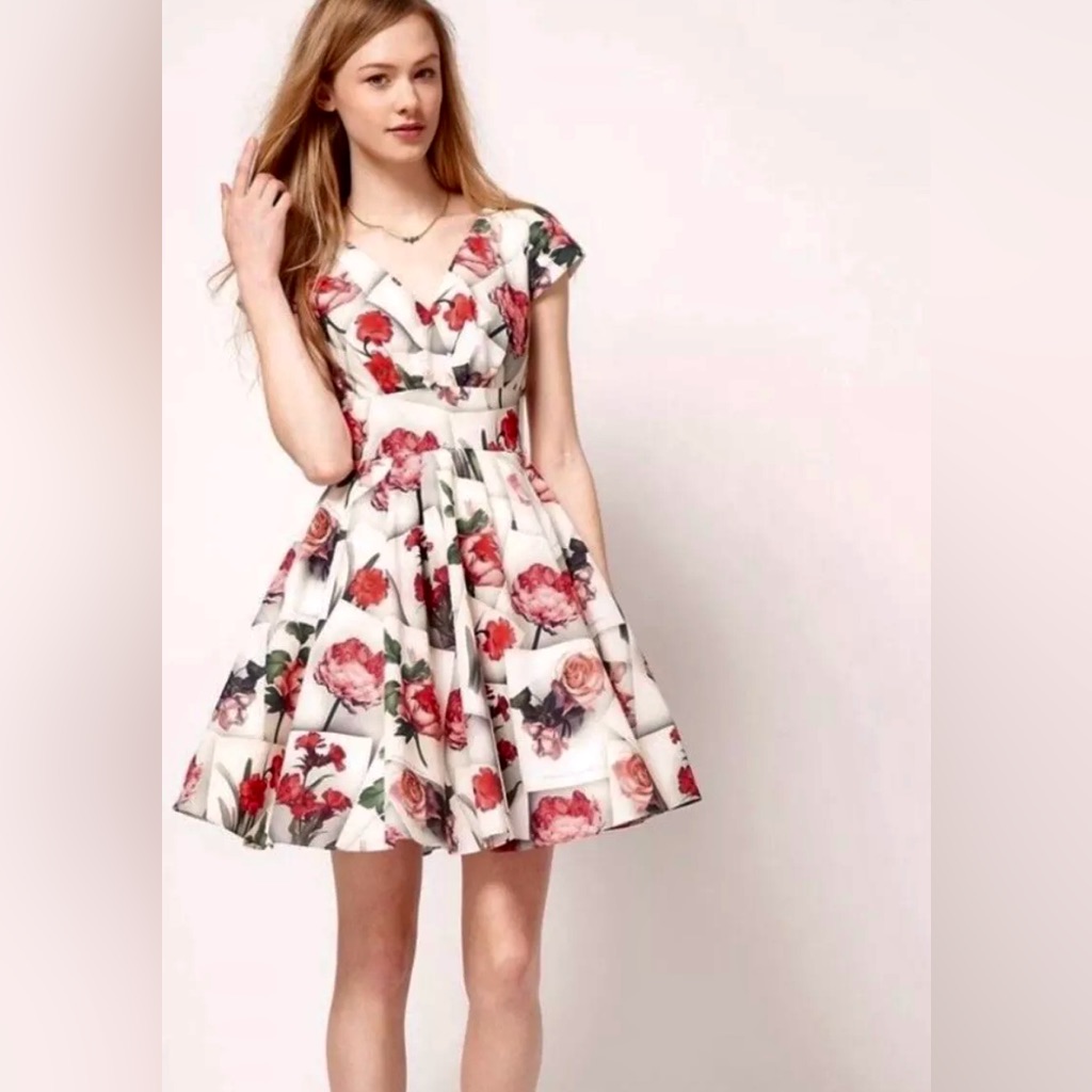 Ted Baker London Bequii Rose Vtg Postcard Print Retro Romance Swing Dress Cl3